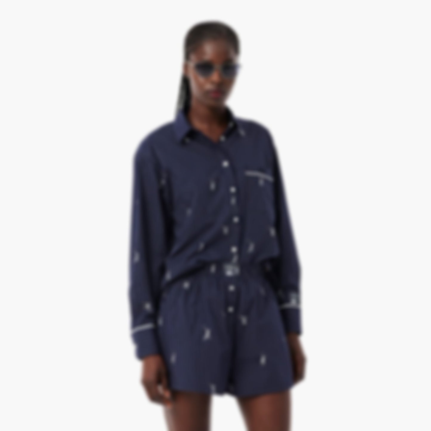 Oversized Shirt with Motifs - Navy Blue / White