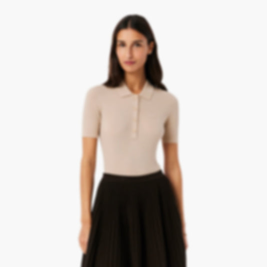 3D Rib Knit Polo Collar Merino Wool Sweater - Beige