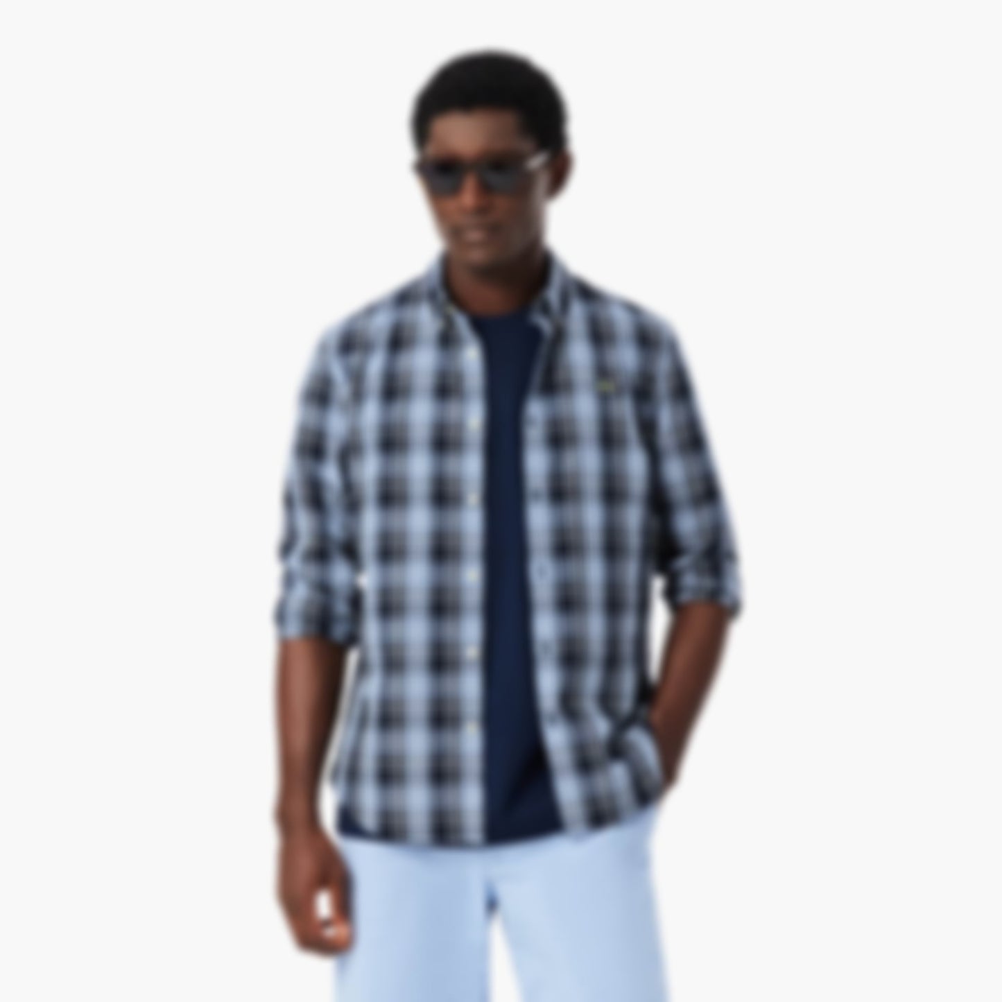 Slim Fit Gingham Print Stretch Poplin Shirt - Bleu Clair / Bleu Marine / Blanc