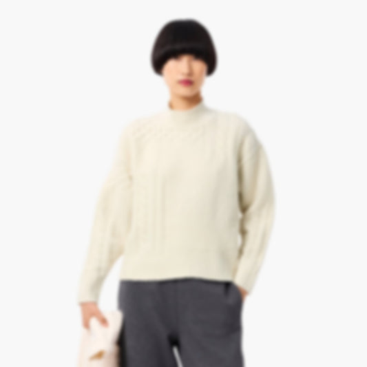 Women's Patchwork Effect High-Neck Wool Sweater - Cream
