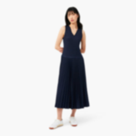 Long Sleeveless Pleated Dress - Navy Blue