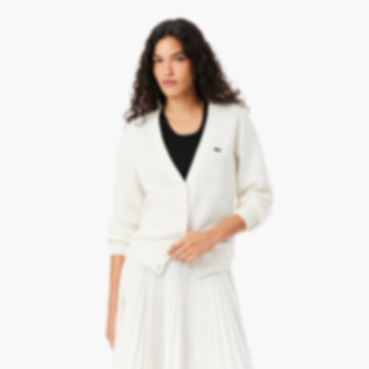 Women's V-Neck Moss Stitch Cotton Cardigan - White