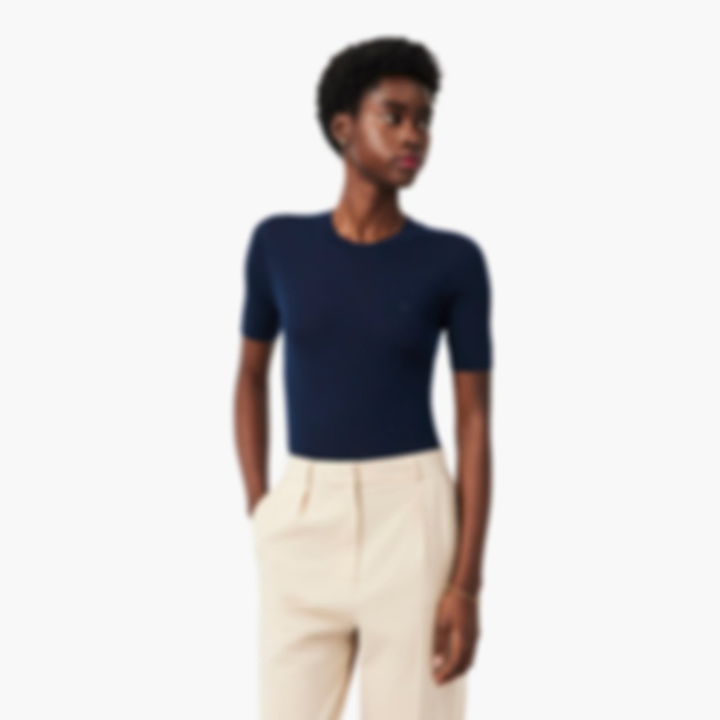 Women's Short Sleeve Merino Wool Rib Knit Sweater - Navy Blue