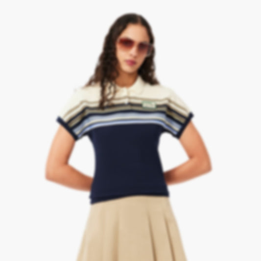 Women's Made In France Slim Fit Striped Polo - Navy Blue / White