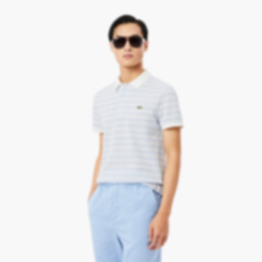 Classic Fit Striped Petit Piqué Polo - Light Blue / White