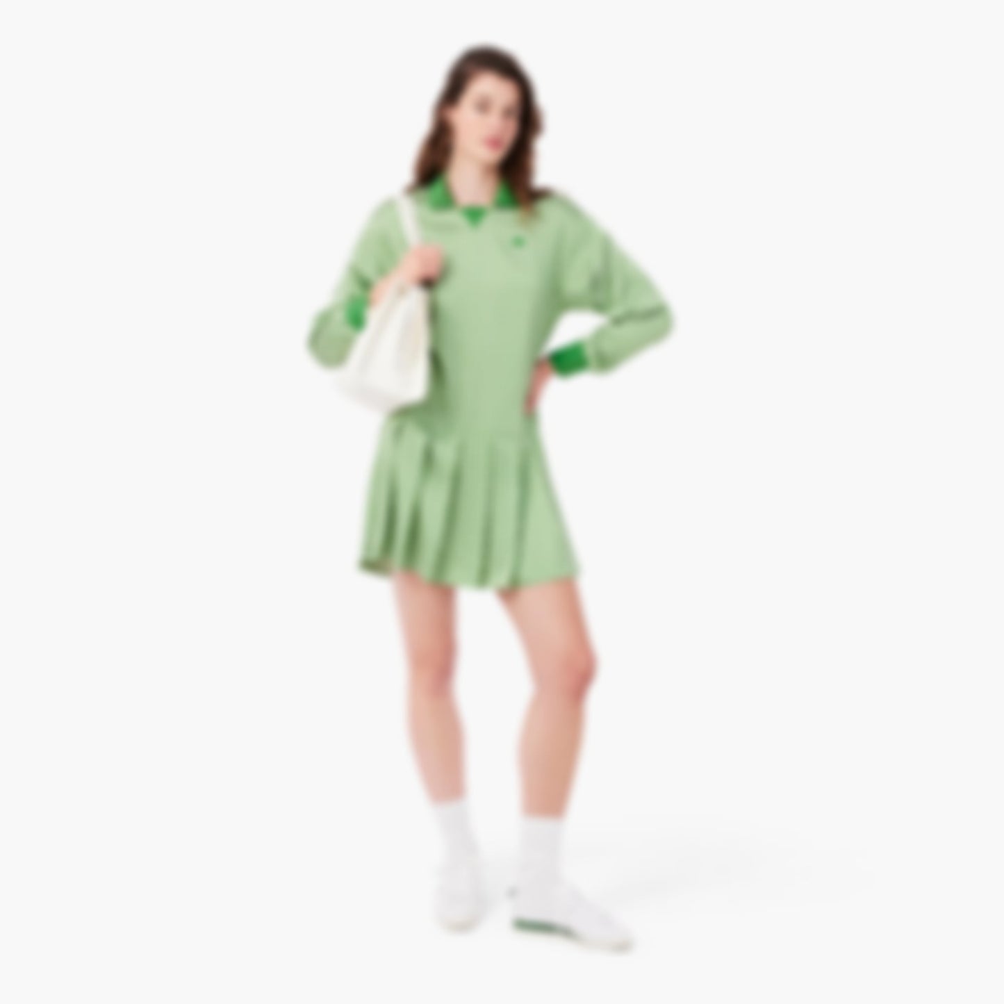 Pleated Satin Polo Dress - Vert / Blanc