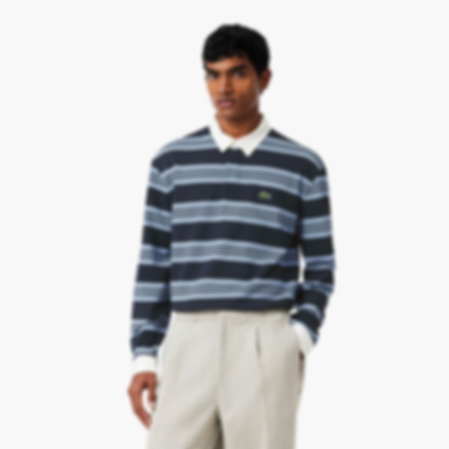 Relaxed Fit Striped Piqué Rugby Polo - Bleu Chine / Gris Chine