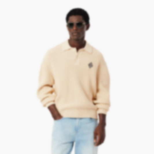 Badge Accent Pearl Rib Polo Collar Sweater - Lemon Beige