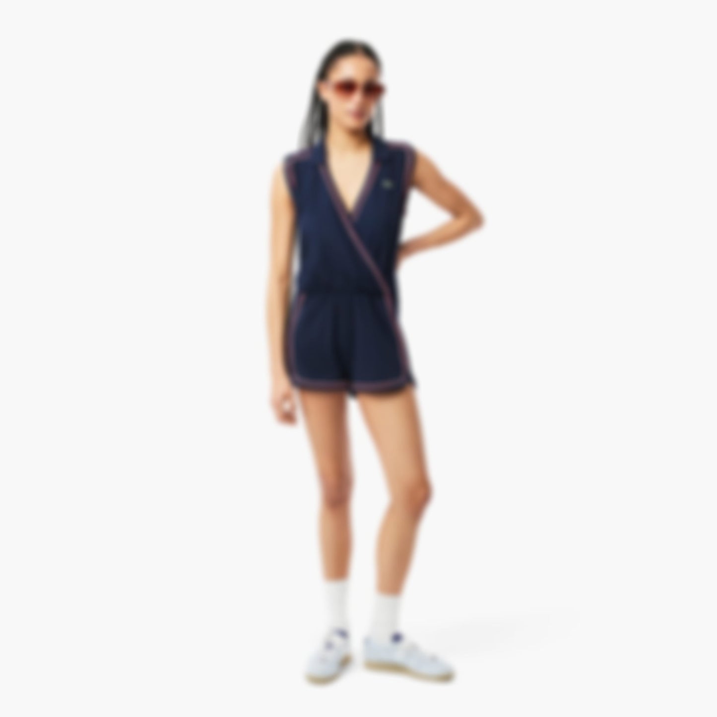 Women's Sleeveless Polo Romper - Navy Blue / Light Blue / Red