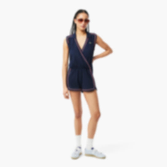 Women's Sleeveless Polo Romper - Navy Blue / Light Blue / Red