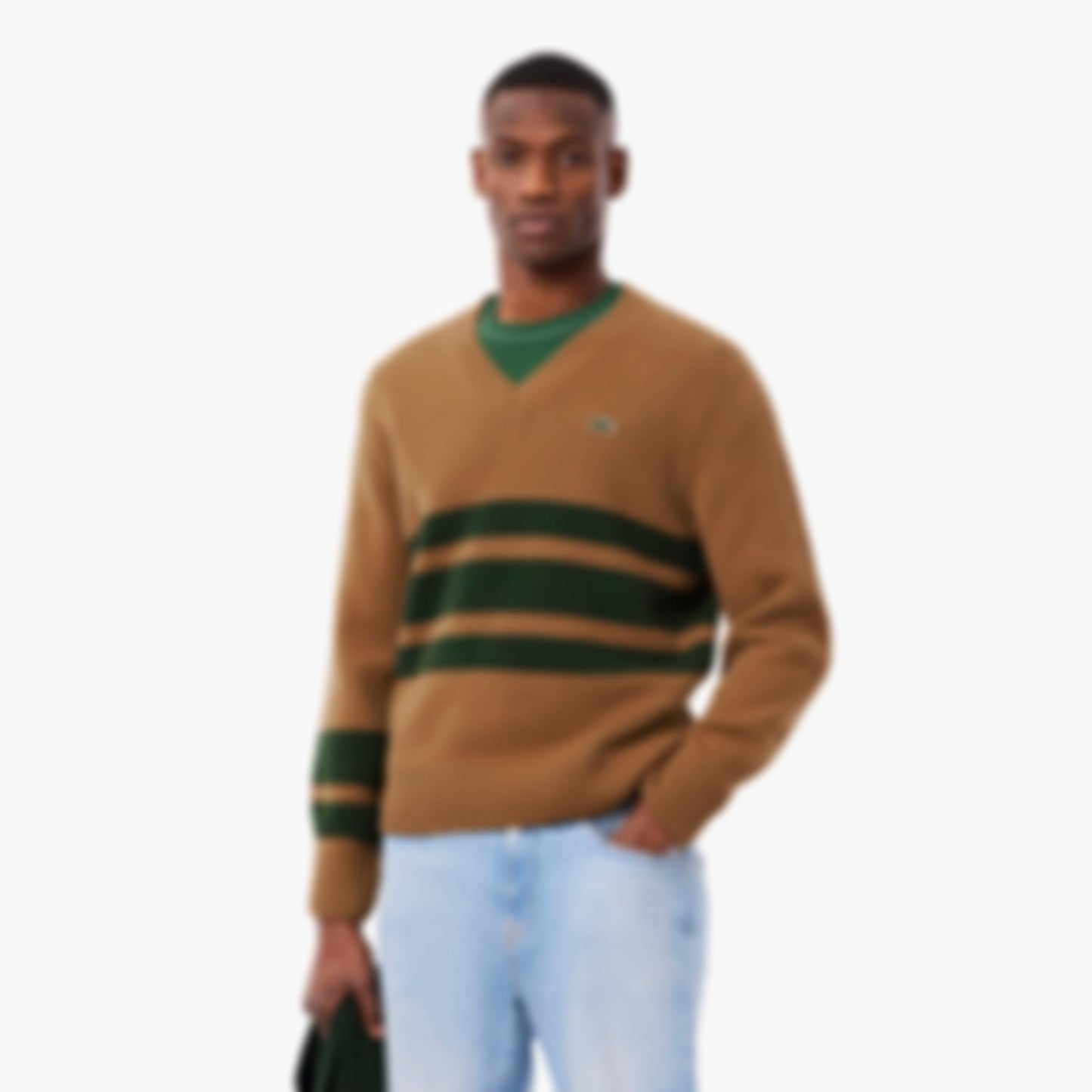 Men's Striped Wool V-Neck Sweater - Brown / Green