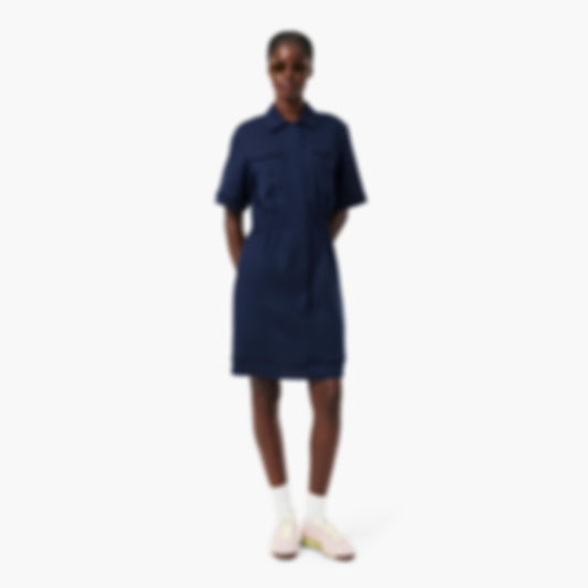 Fluid Linen Blend Shirt Dress - Navy Blue