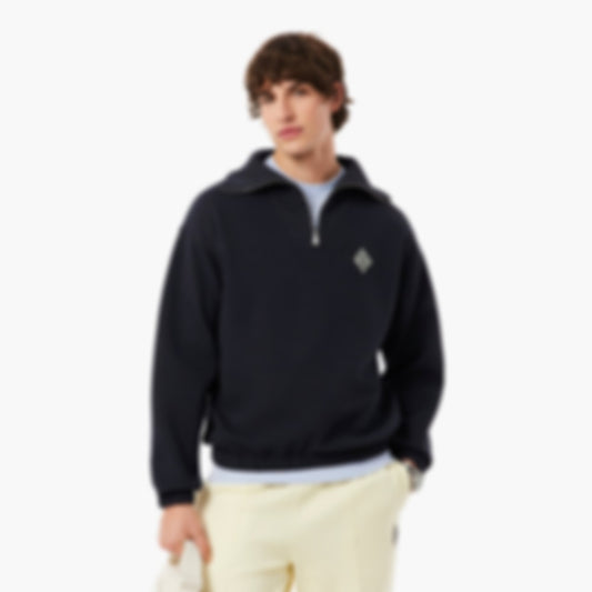 Loose Fit Zipped Neck Piqué Sweatshirt - Black
