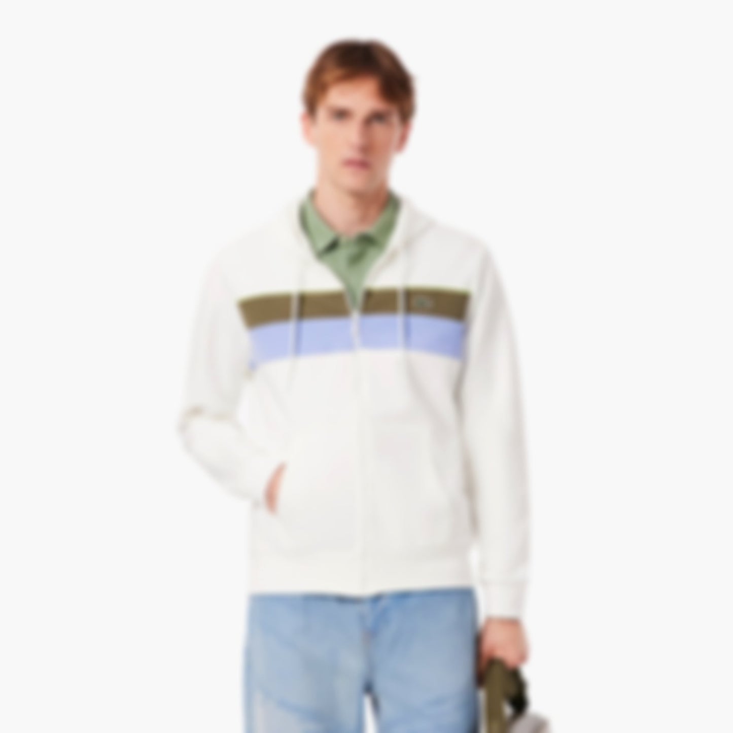 Men's Zip-Up Colorblock Hoodie - White / Khaki Green / Purple